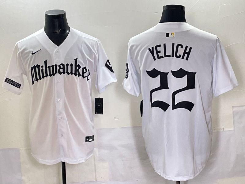 Men 2025 Milwaukee Brewers #22 Yelich White Five generations Joint Name Nike MLB Jersey style 04